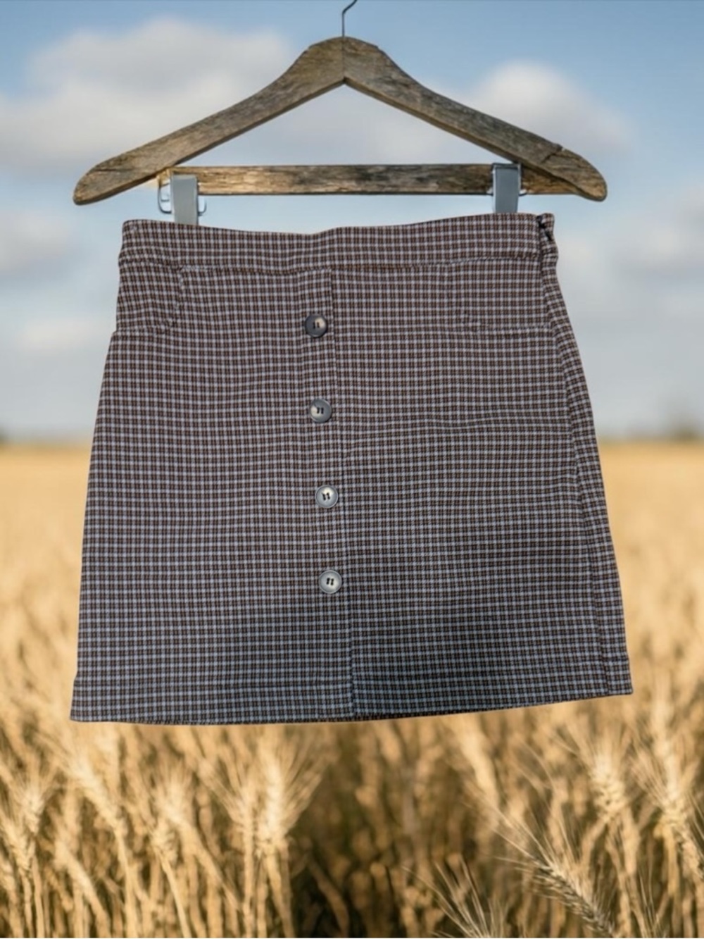 Altar'd State Brown Check Button-Front Mini Skirt